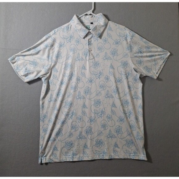 Three Sixty Six  Polo Mens L Golf Stretch Performance White Blue Floral Bees AOP - Picture 1 of 7